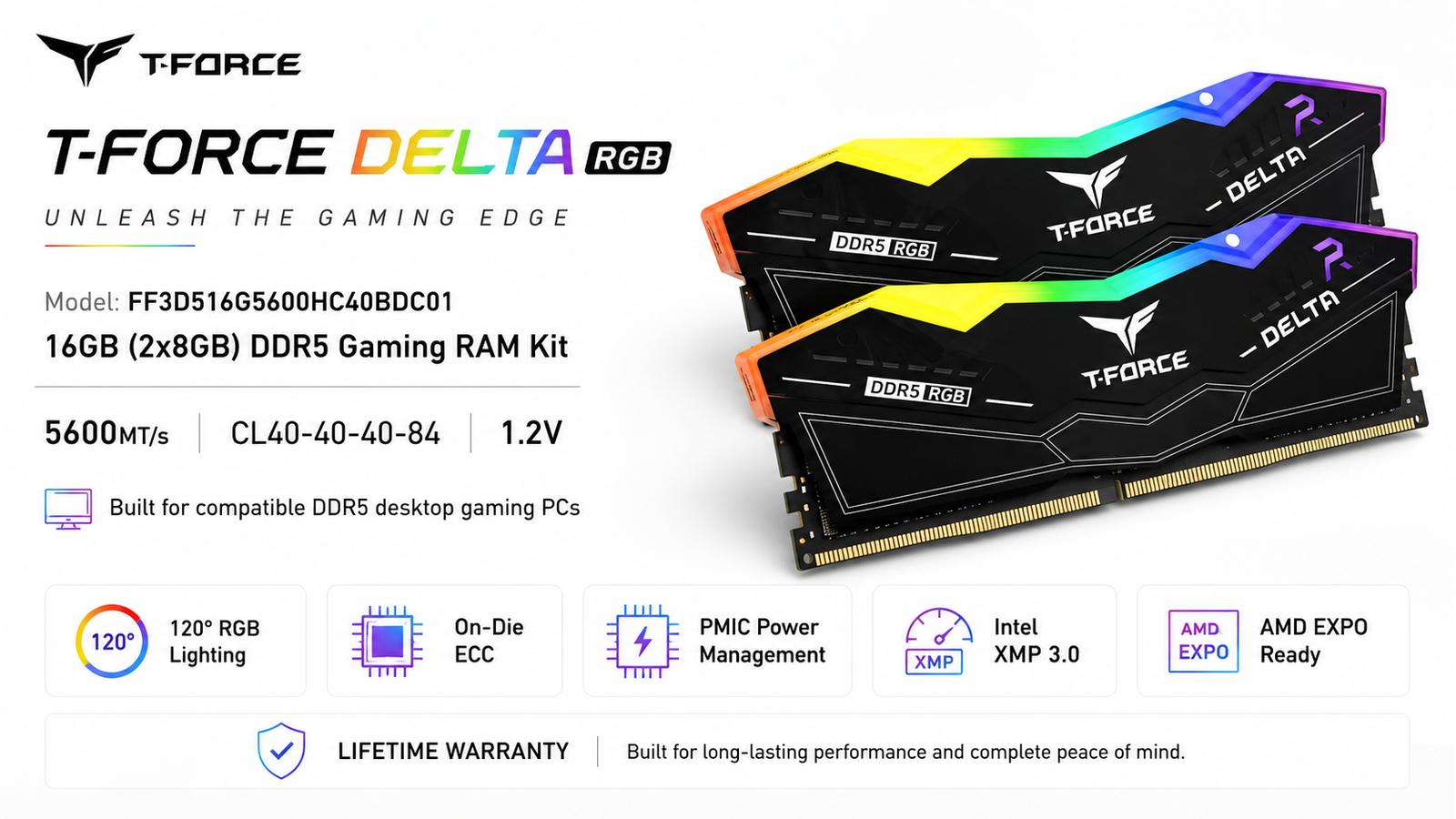 TEAMGROUP T-FORCE DELTA RGB FF3D516G5600HC40BDC01, 16GB (2x8GB) DDR5-5600 Gaming RAM, 5600MT/s, PC5-44800, CL40, XMP 3.0, AMD EXPO, Black | FF3D516G5600HC40BDC01